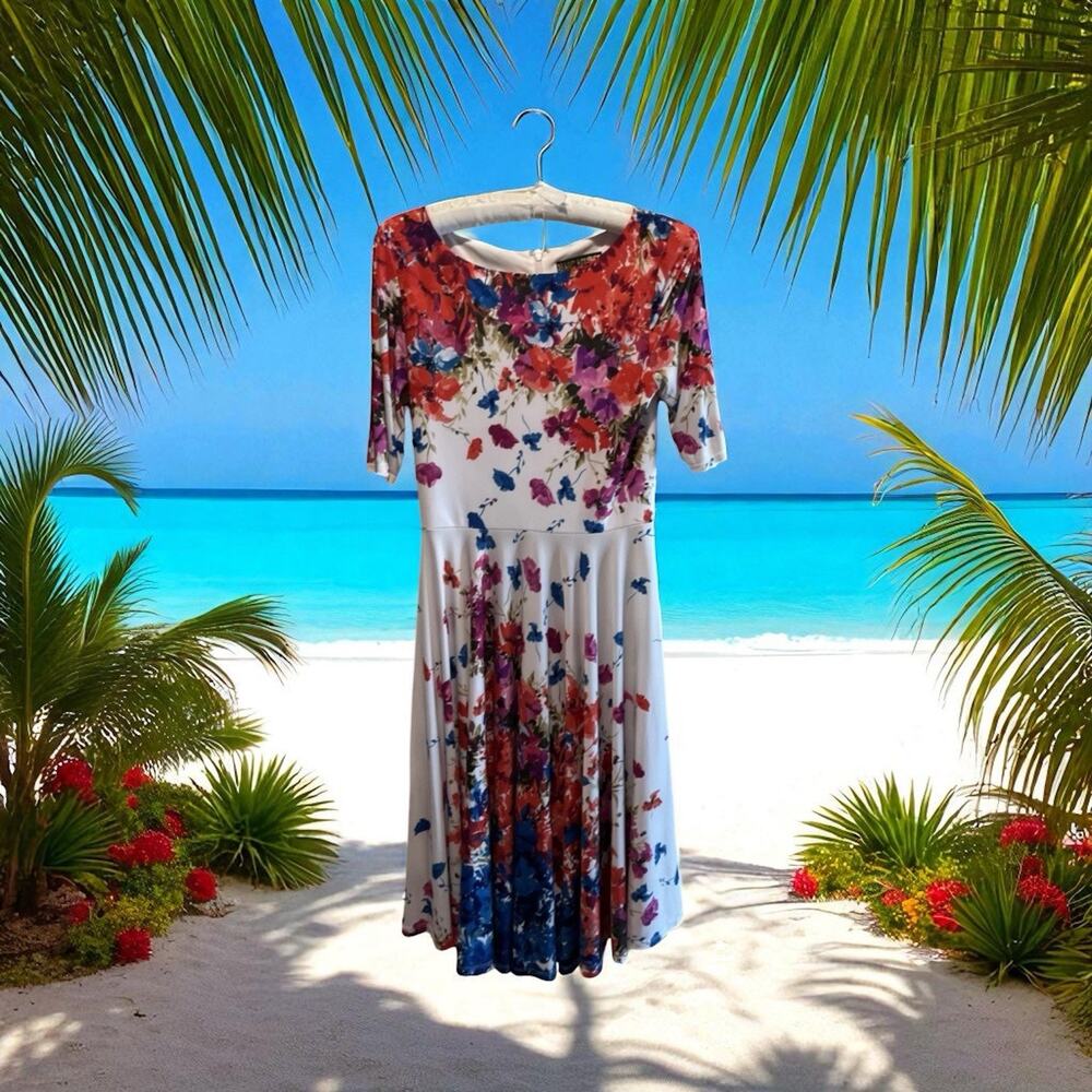 Marc Bouwer Unlimited White Red Blue Purple Floral Fit Flare Zipper Back Dress M
